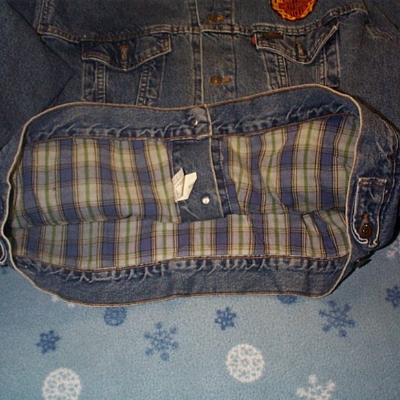 Vintage Levi's USA made Trucker jacket Plaid Lining Harley patches size XL - Picture 4 of 6